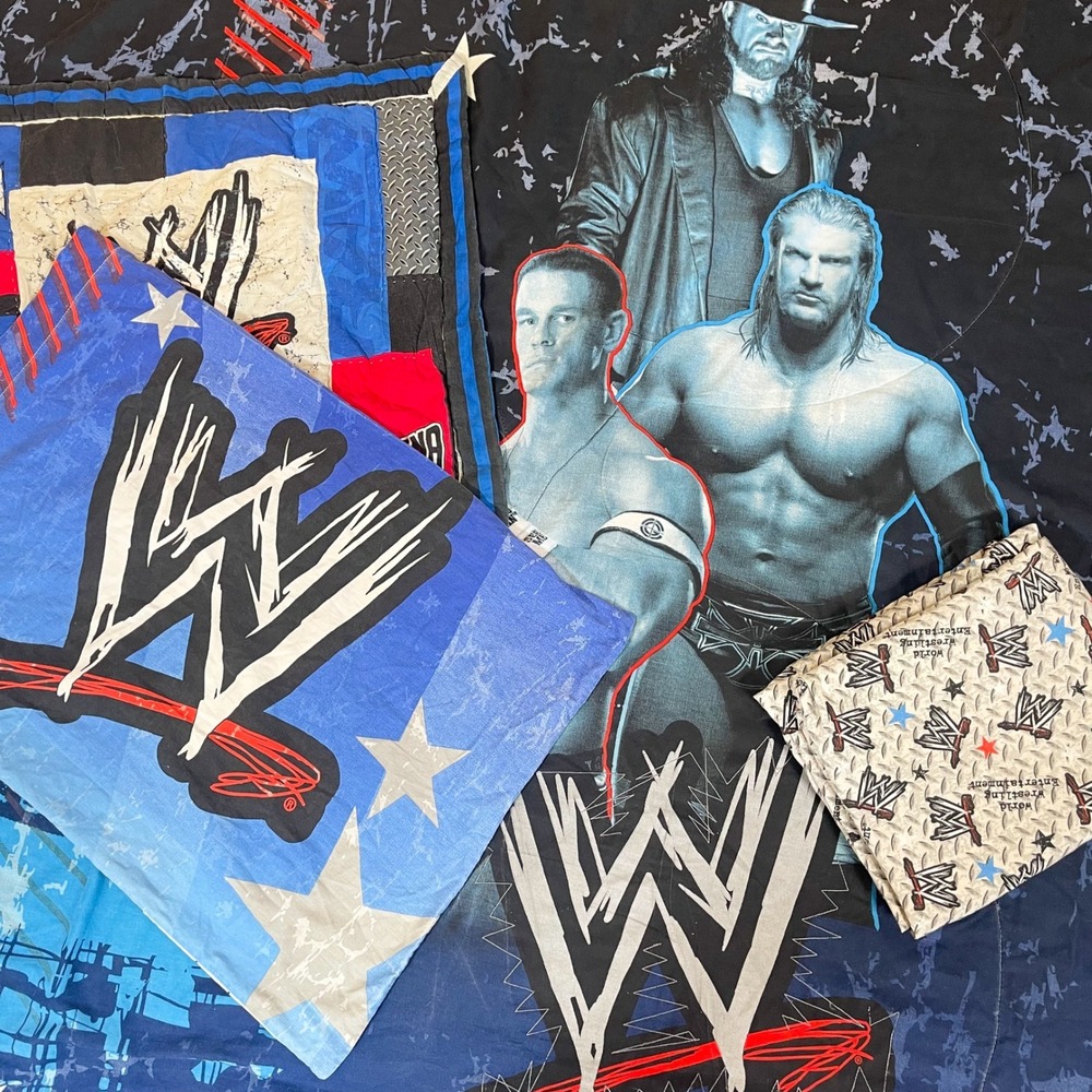 WWE Comforter Bedding Set John Cena Triple H‎ Undertaker Wrestling Blue Y2K Full